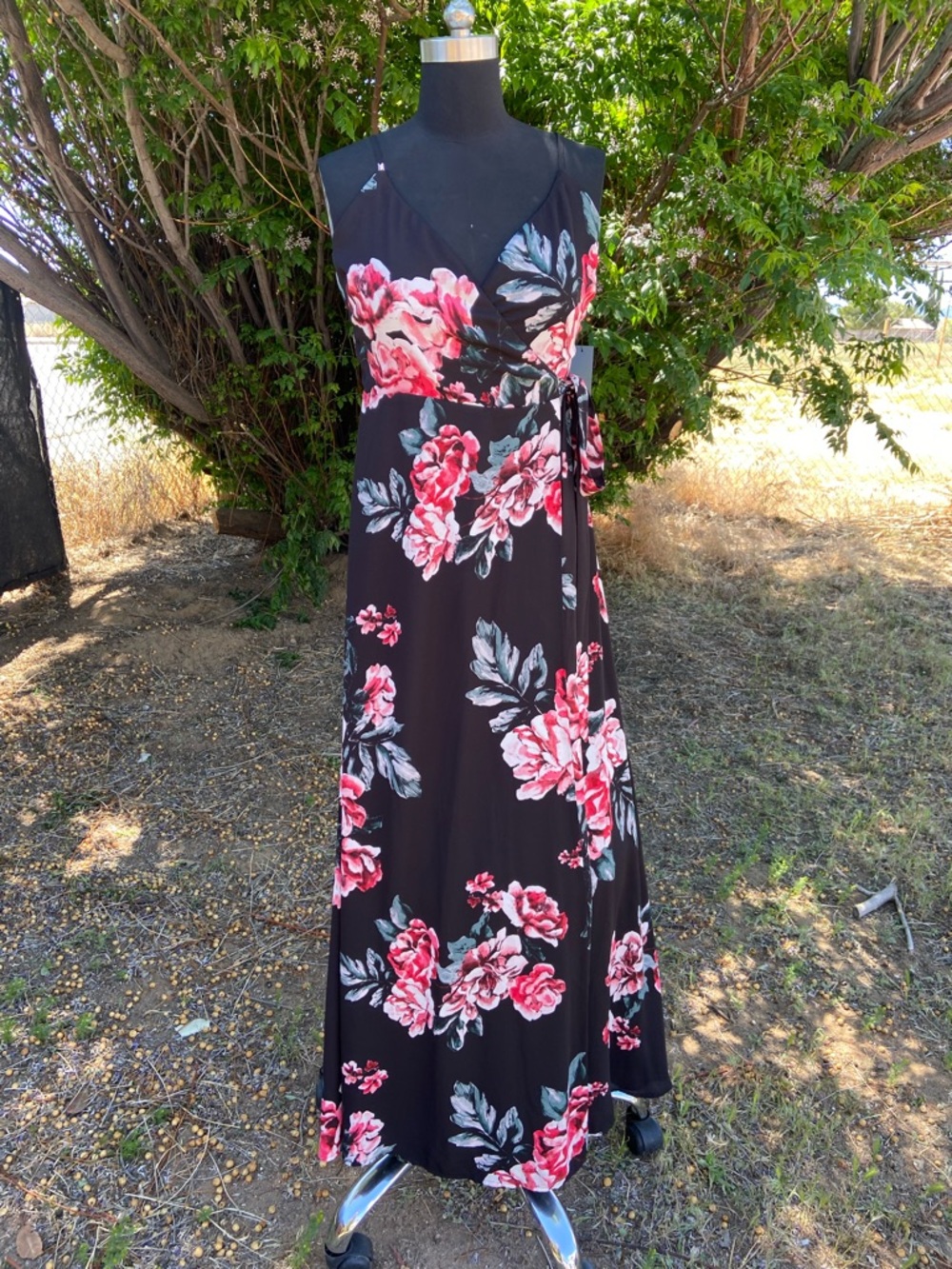 Lulu's Black Maxi Wrap Dress with Pink Floral Print